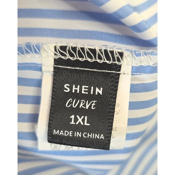 LOT OF 3 - SHEIN CURVE 1XL Stripe Button Up Blouse 3/4 Sleeve Red/Blue/Yellow - Picture 5 of 6